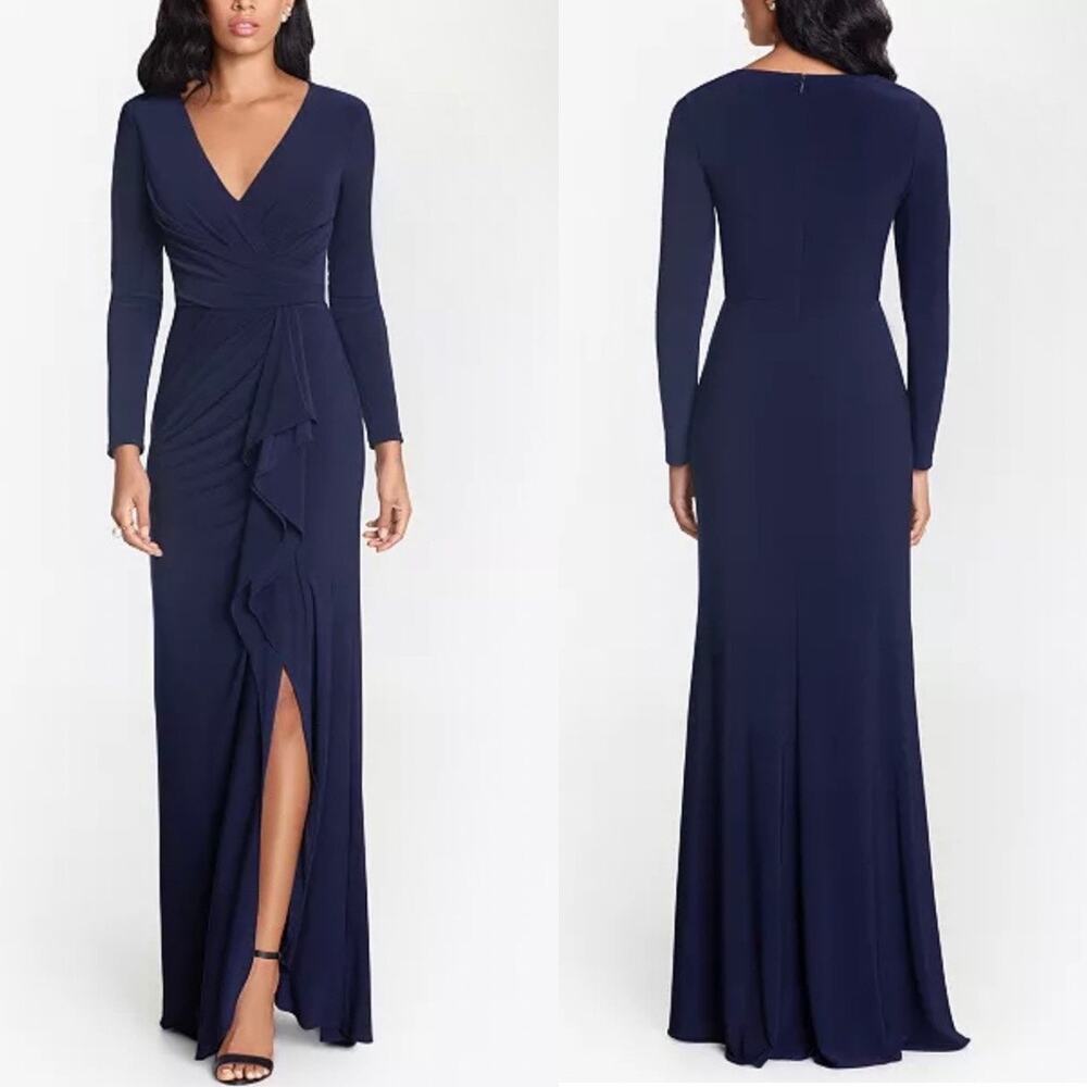 Betsy & Adam Navy Stretch V Neck Long Sleeve Ruffle Prom Maxi Dress Womens 16